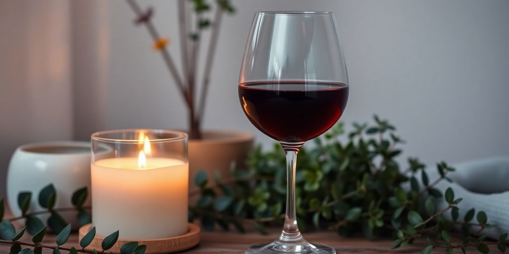 A glass of wine with a candle and plants.