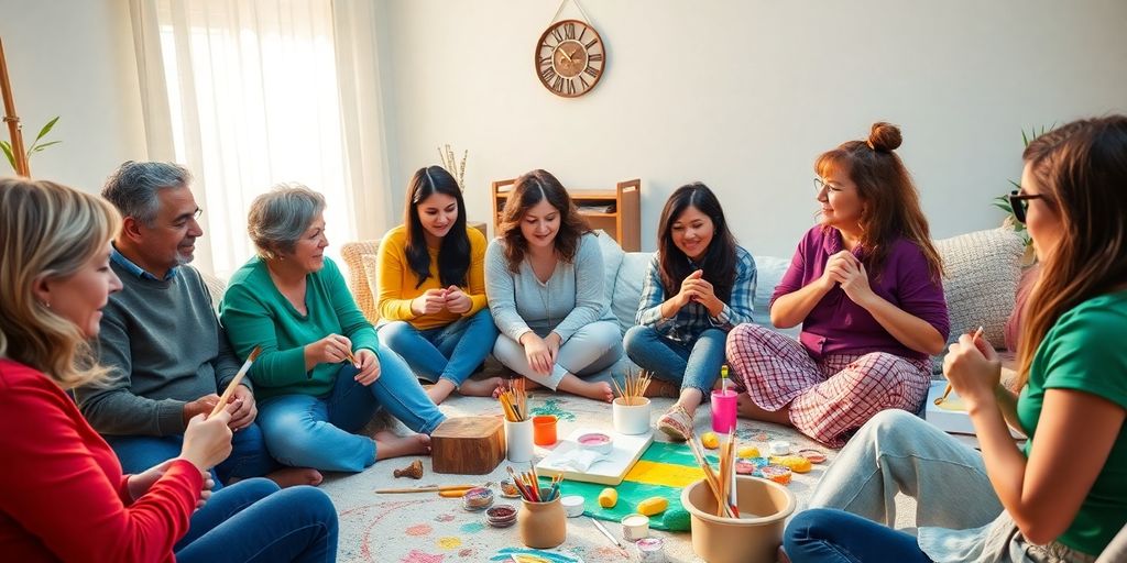 Group therapy session with art supplies and calming atmosphere.