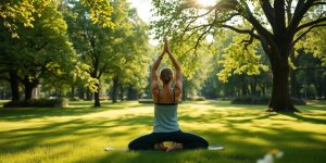 Person practicing yoga in a peaceful outdoor setting.