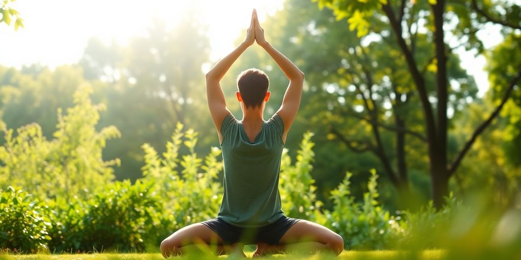 Person doing yoga in a peaceful outdoor setting.