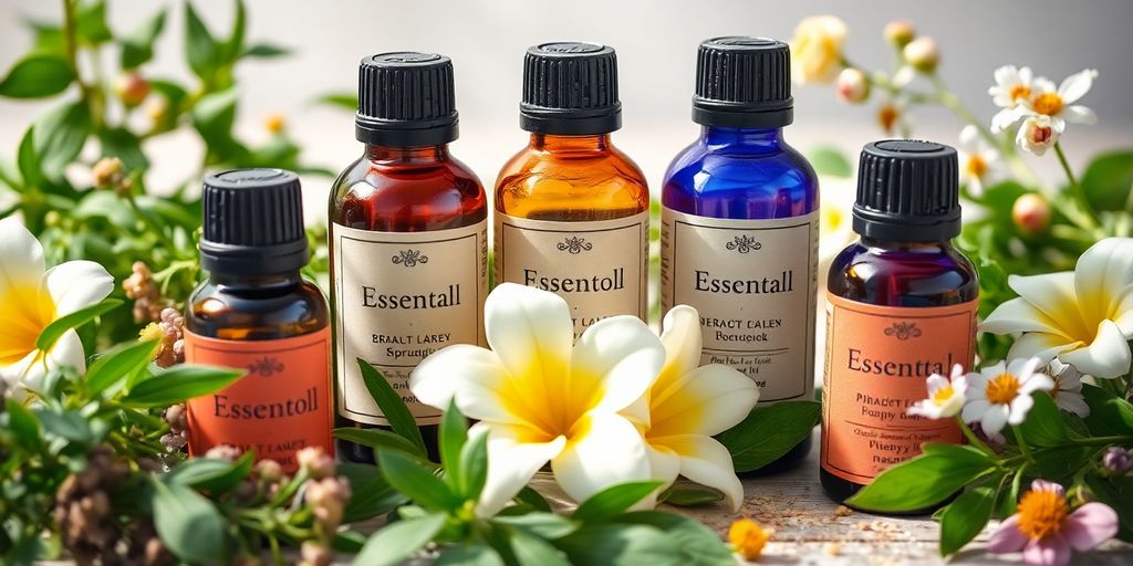 Essential oils with herbs and flowers for stress relief.