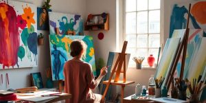 Person painting in a sunlit art studio.