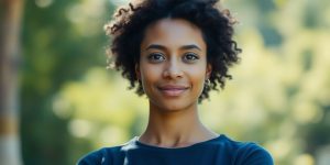 Confident person standing in a sunlit natural setting.