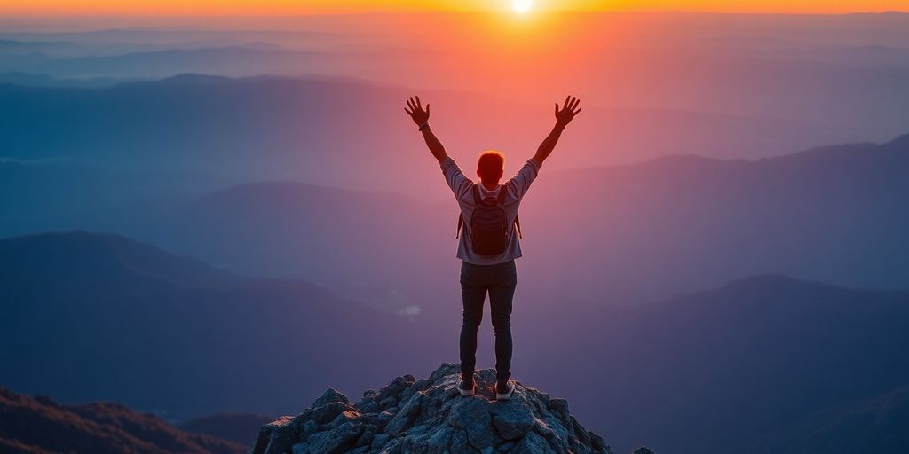 Person celebrating success on a mountain at sunrise.