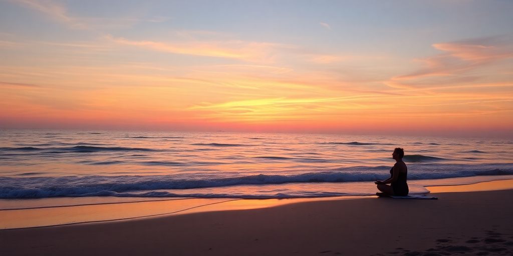 Person meditating on a beach at sunset.