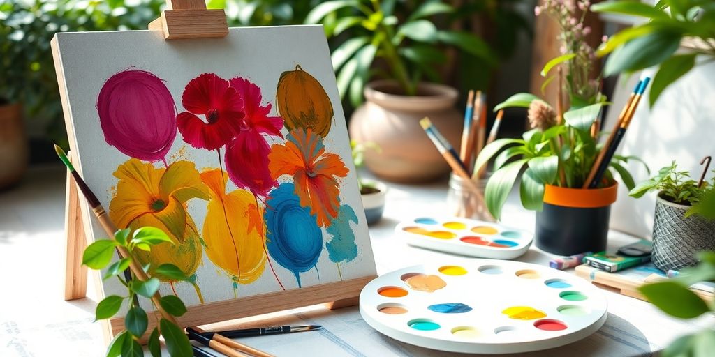 Art supplies in a peaceful studio for stress relief.