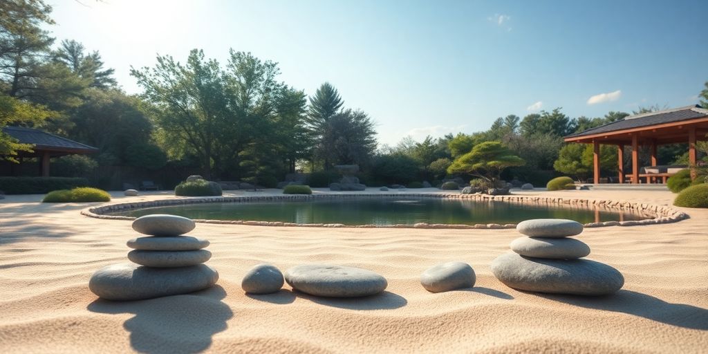 Tranquil zen garden with pond and sunlight filtering through trees.