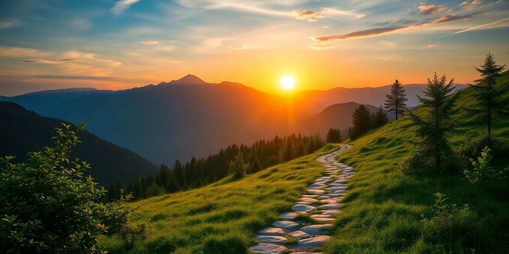 Scenic sunrise over mountains with a winding path.