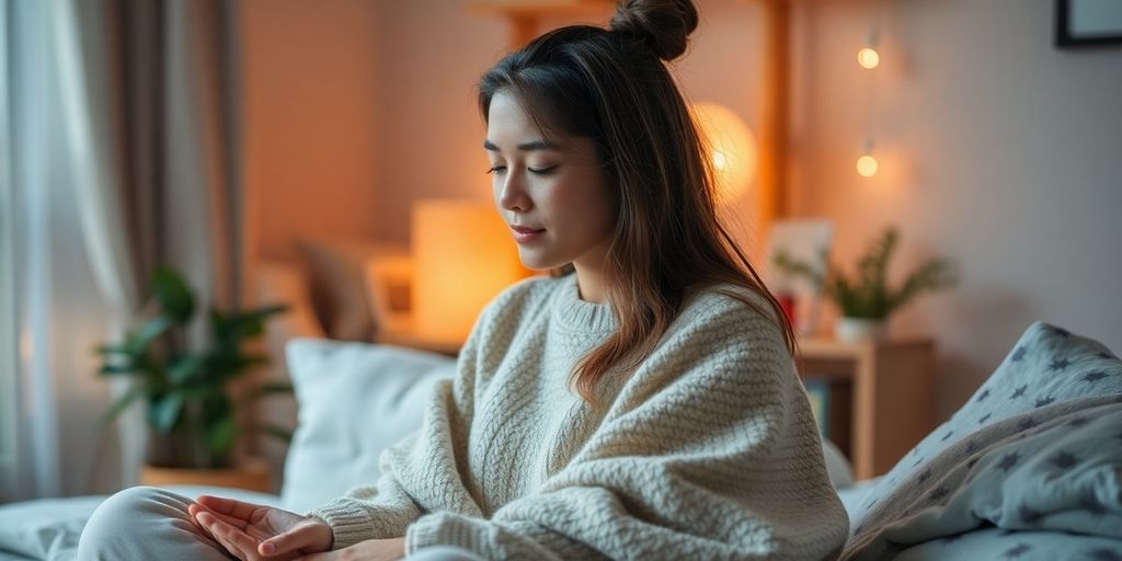 Person relaxing with various stress relief items.