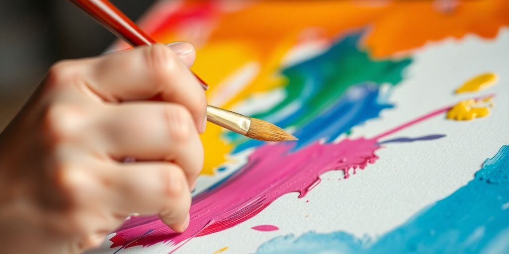 A painter's hand creating an abstract artwork.