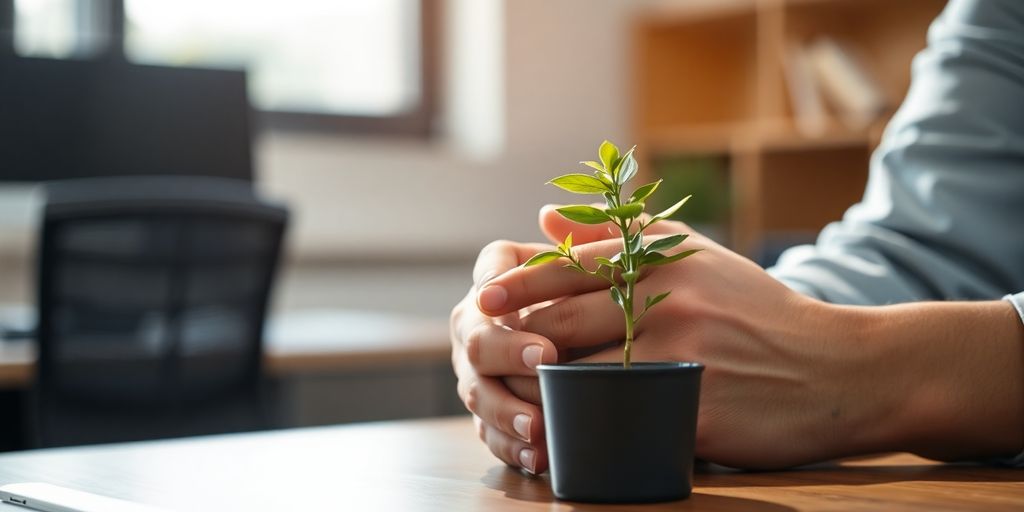 Person meditating peacefully in a calm office environment.
