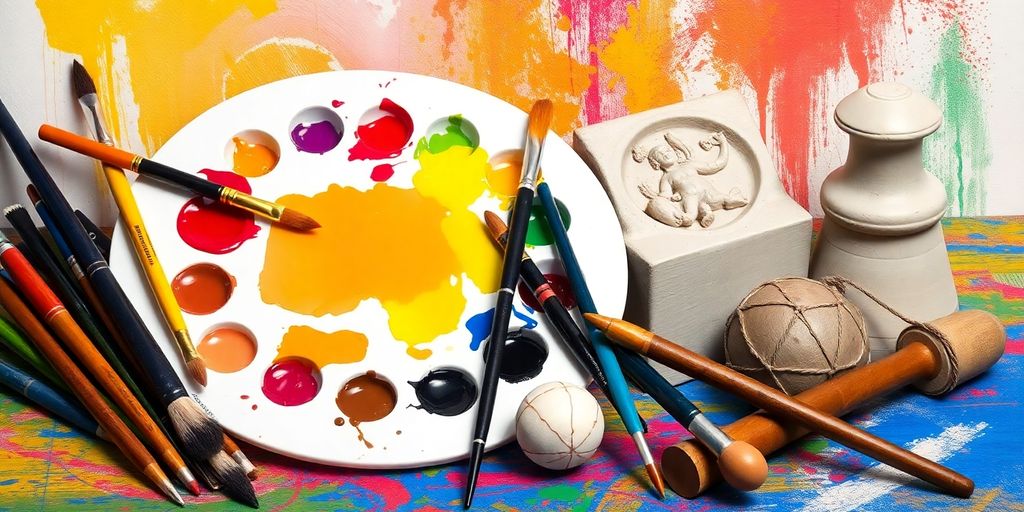 Colorful paintbrushes, clay, musical instruments.