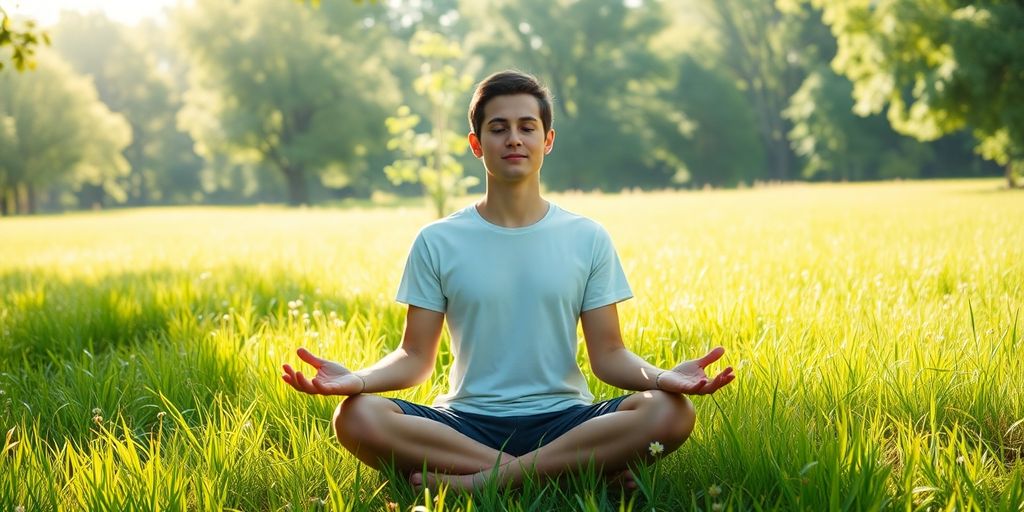Person meditating peacefully in a serene natural setting.