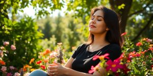 Serene person meditating in a peaceful garden.