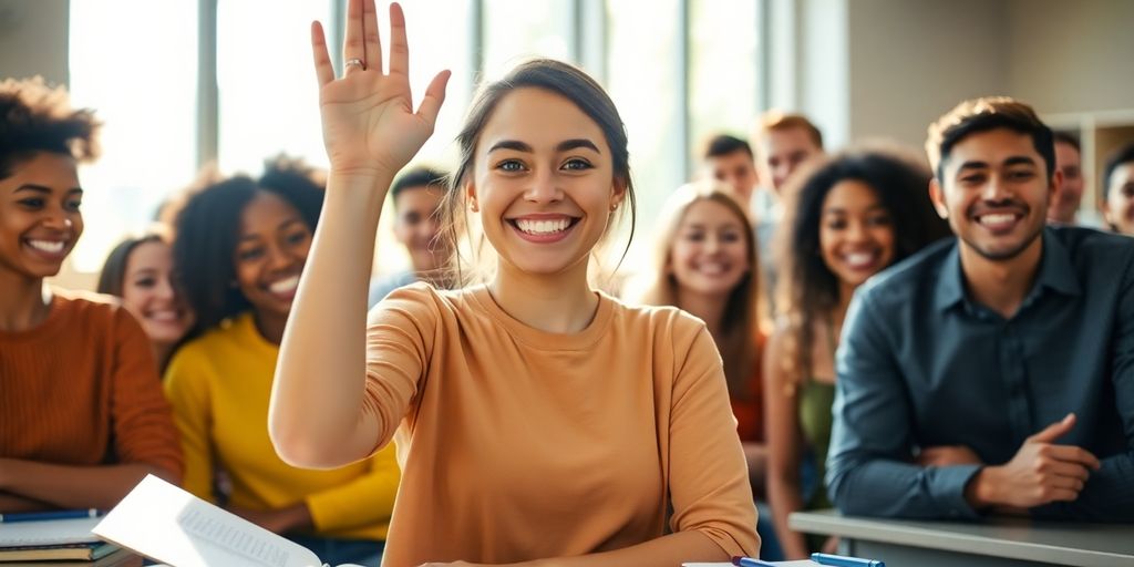 Student confidently raising hand in class.