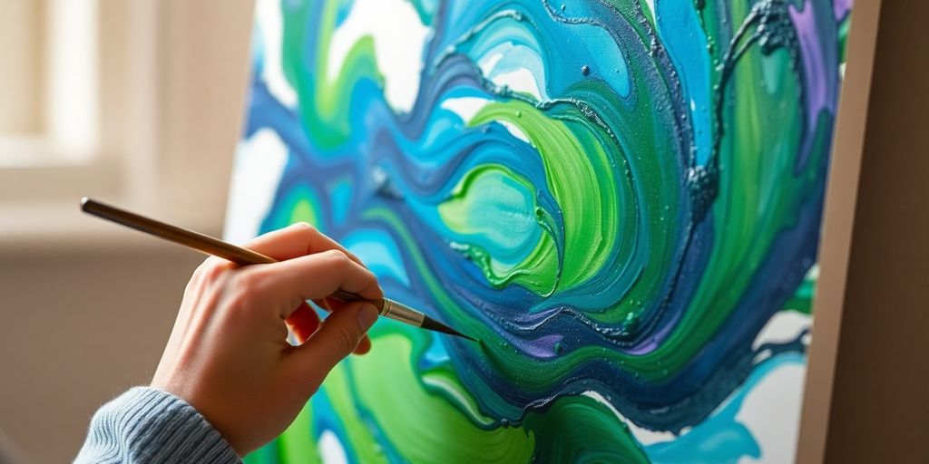 Person painting, colors swirling, calm expression.