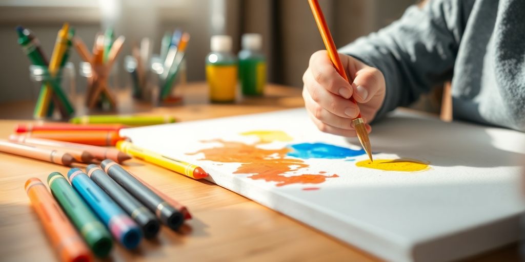 Colorful art supplies, mindful children drawing.