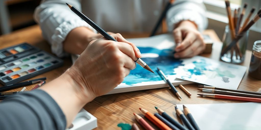 Person painting calmly, diverse art supplies on table.