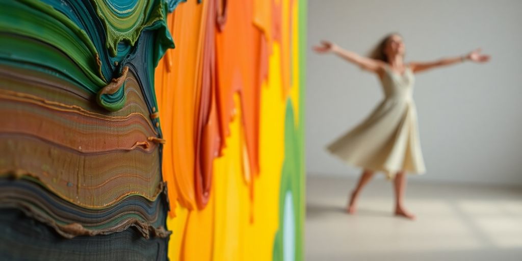 Colorful paint strokes, a sculpted face, a dancing figure.