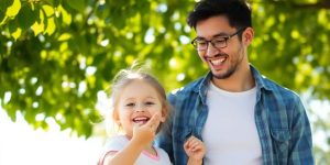 Happy child with parent, both smiling outdoors.