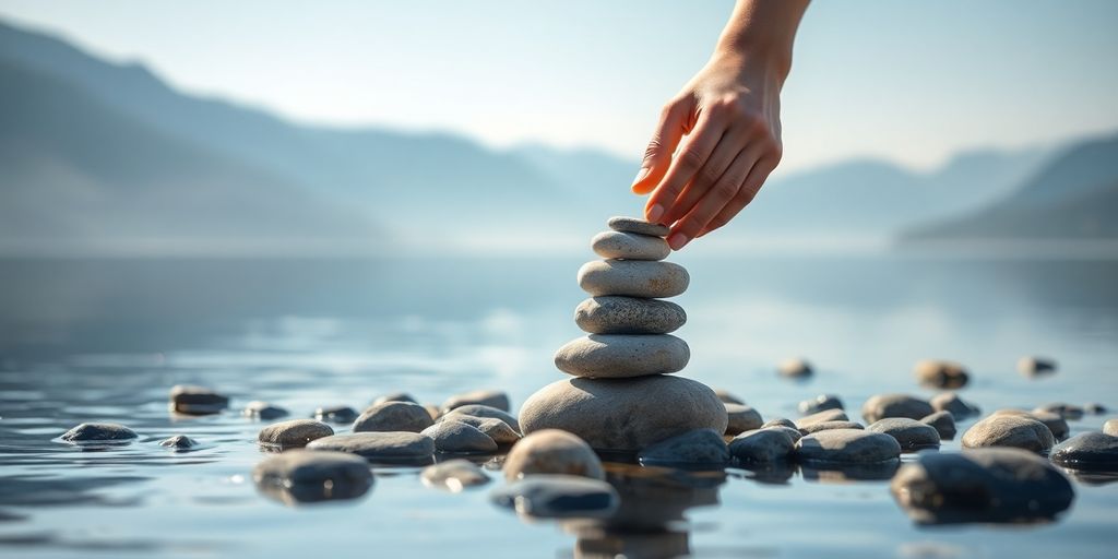 Person balancing stones, serene, focused.