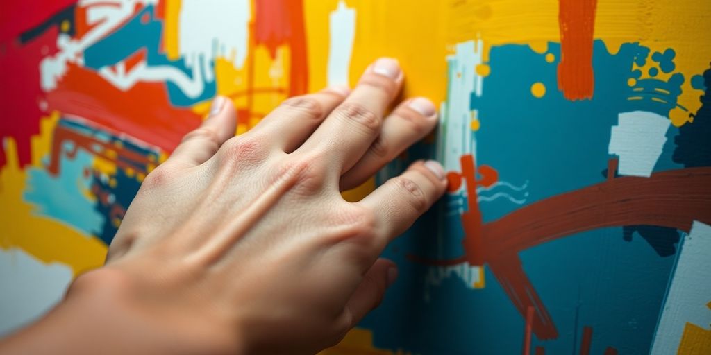 A close up of a hand touching a colorful painting.
