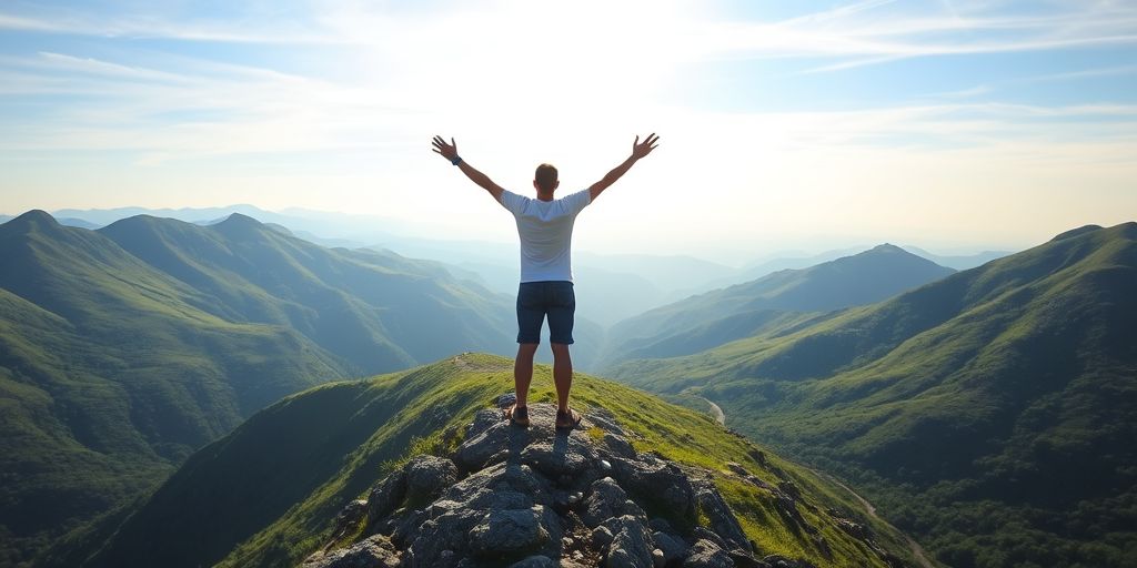 Person climbing mountain, reaching peak.