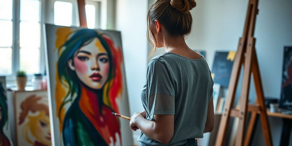 Woman painting colorful self-portrait canvas.