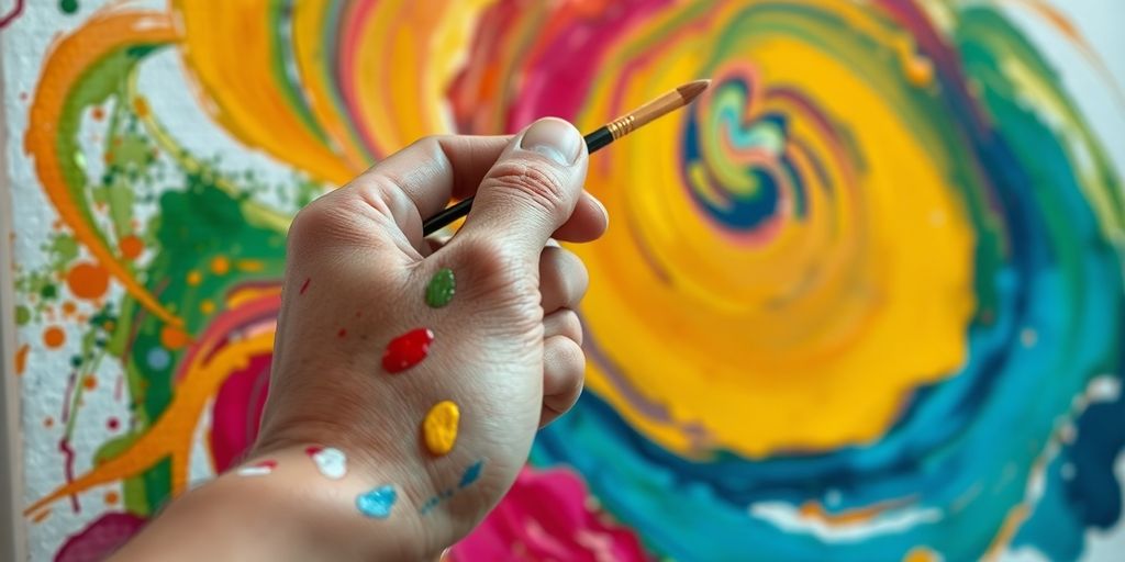 Painter's hand holding brush to canvas.