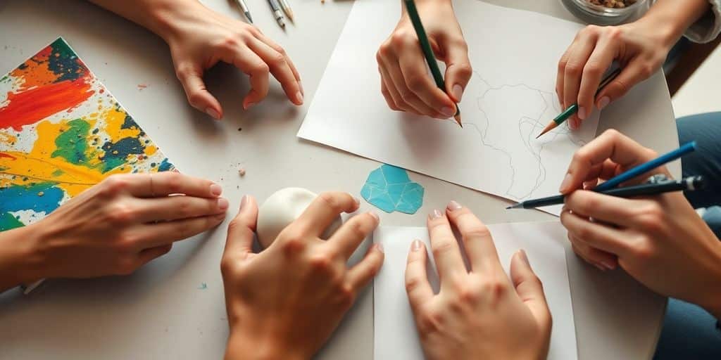 Hands painting, sculpting, drawing, and crafting art.