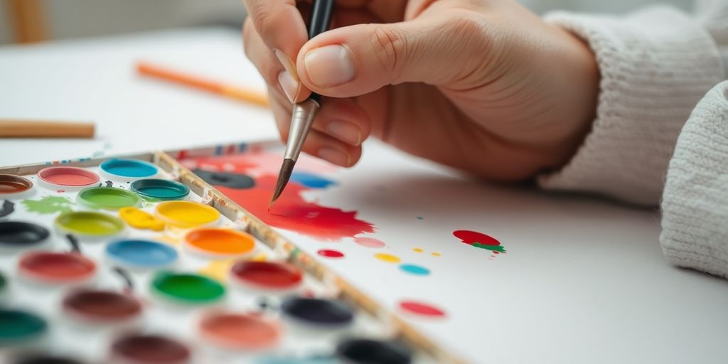 Person painting abstract art, vibrant colors, therapeutic.