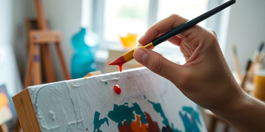A person's hands holding a paintbrush over a canvas.