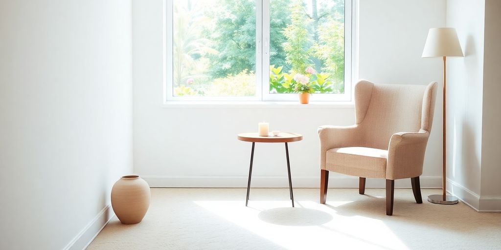 Sunlight streams into a peaceful therapy room.