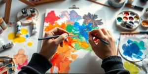 Person uses colorful paints on canvas.