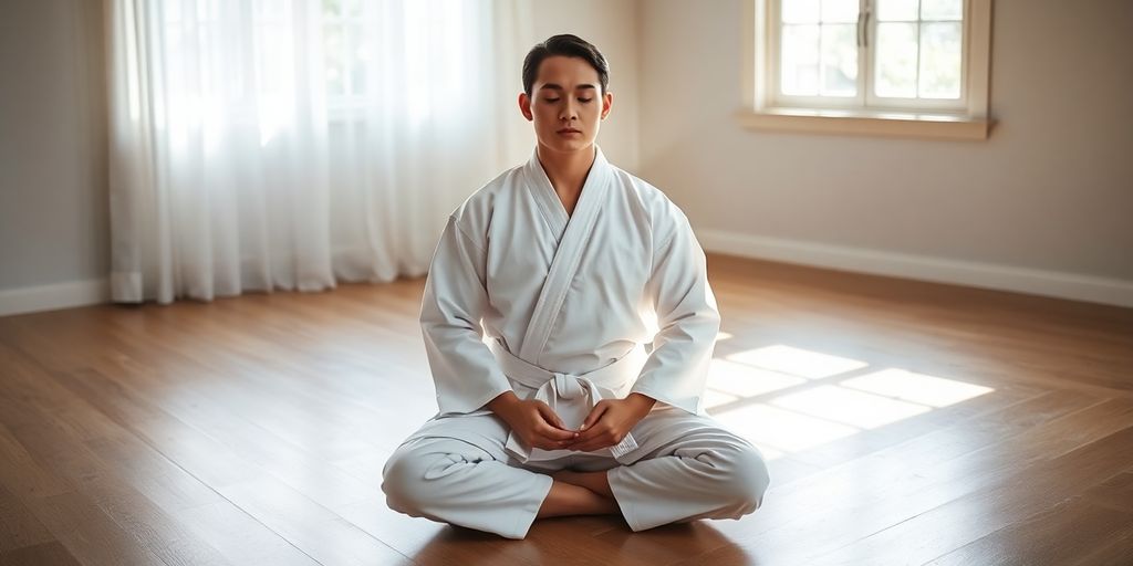 Person meditating peacefully in martial arts uniform.